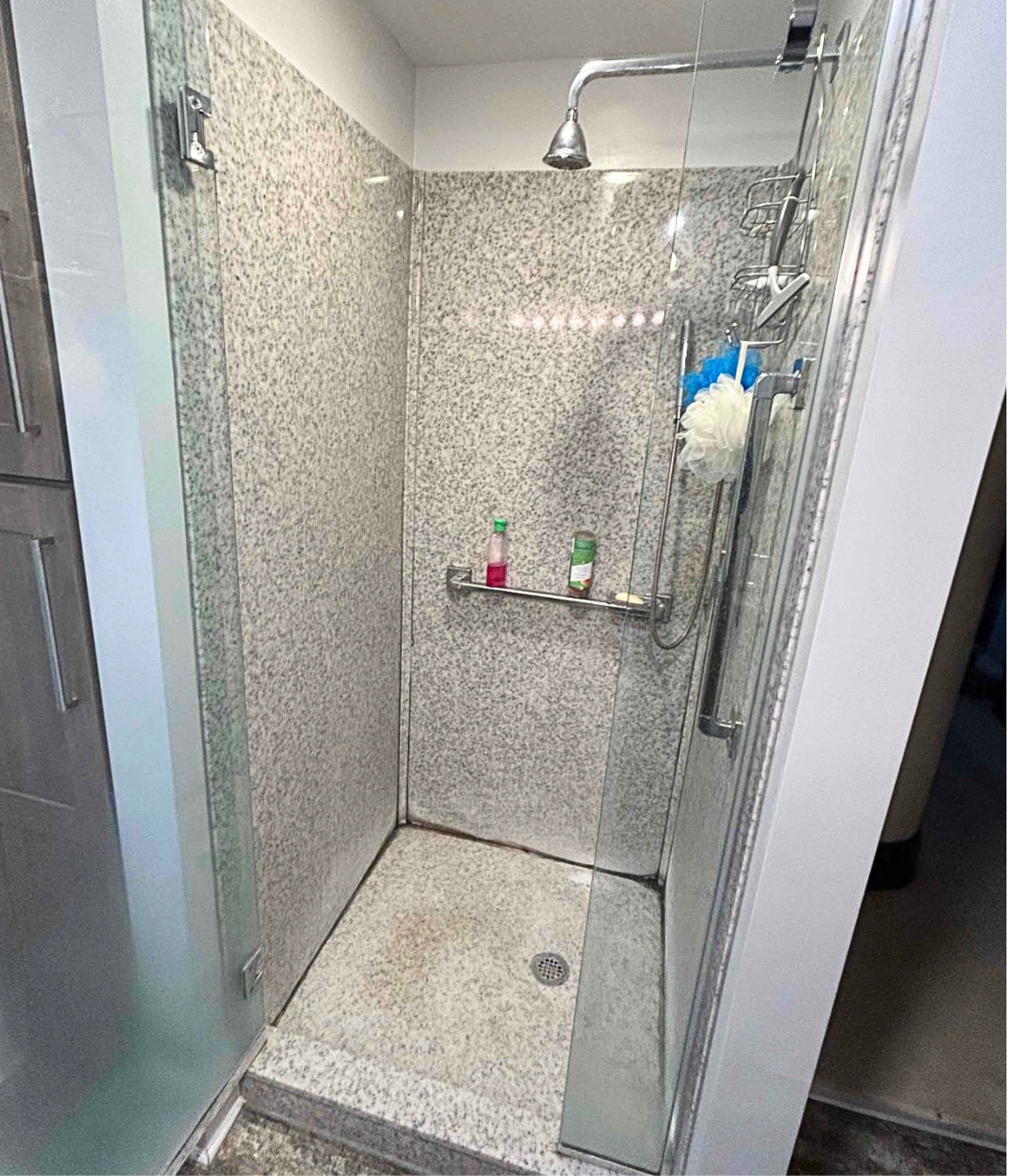 Outdated granite-look shower stall — before Wahl remodel